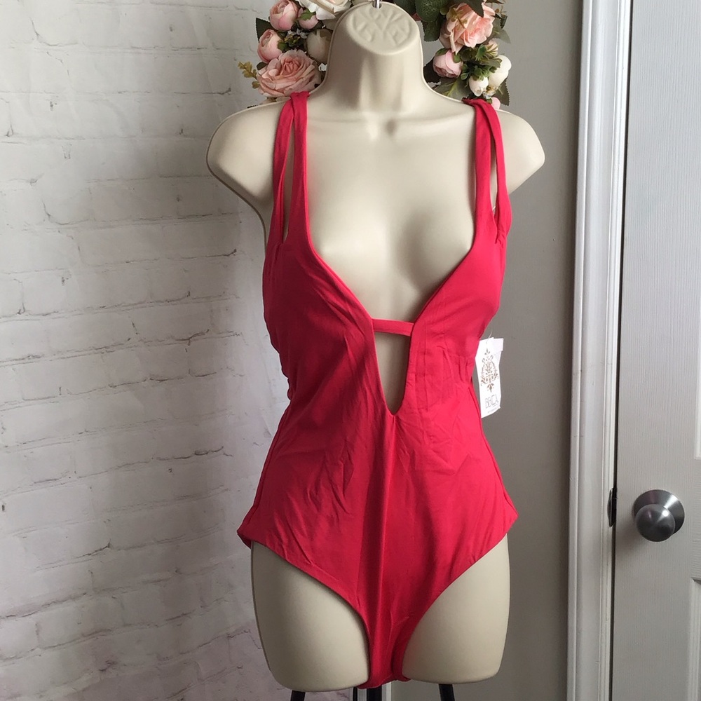 BECCA Pink Plunge One-Piece Bodysuit with Tie Straps